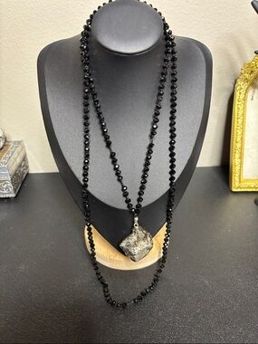 Raw Druzy Pyrite Crystal Pendant Black Beaded Long Necklace Geode